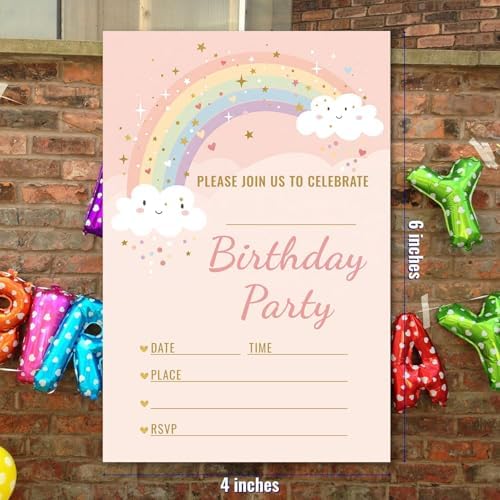 Pink Gold Rainbow Cloud Star Birthday Party Invitations