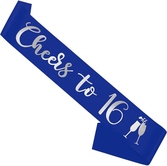 Birthday Sash Blue, 'Cheers To 16' Birthday Sash for Girl Women and Men with Silver Foil Letters for Funny Party Favor Supplies 16 Blue Silver