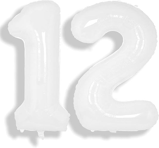 SUWEN 40 Inch White Large 12 Number Balloons Big Foil Helium Number Balloons 0-9 Giant Jumbo Happy 12th Birthday Party Decorations for Boy or Girl Huge Mylar 21 Anniversary Party Supplies