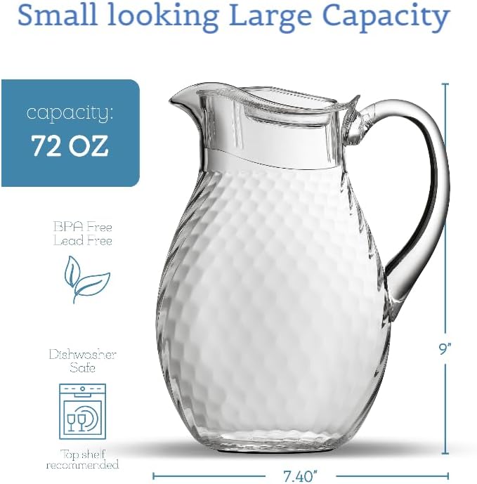 Acrylic Pitcher (72 oz), Clear Plastic, Water Pitcher with Lid, Shatterproof, BPA-Free Clear Pitcher, Ideal for Sangria, Lemonade, Juice, Iced Tea & More