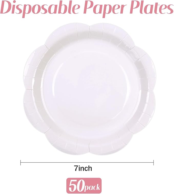 50 Pack White Paper Plates 7 Inch, Disposable Scalloped Plates Cake Dessert Plate for Dinner Baby Shower Wedding Bridal Shower Birthday Party Supplies (White, 7 inch)