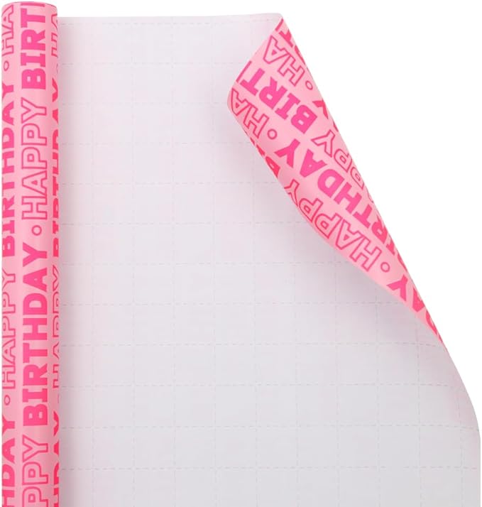Pink Birthday Wrapping Paper Roll for Girls Kids Women, Pink Happy Birthday Wrapping Paper with Cut Lines on Reverse - 1 Mini Roll 17 X 10 ft Per Roll - Gift Wrap for Birthdays, Holiday, Party