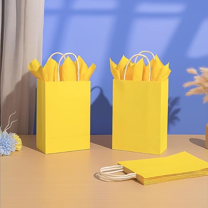 SUNCOLOR 24-Pack Yellow Paper Gift Bags with Handles, 7.9x5.12x3.15 Inches,Small Kraft Paper Bags, Includes Tissue Paper for Parties, Birthdays, Easter, Baby Showers