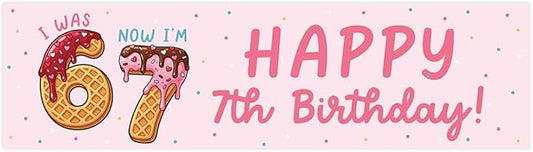 Andaz Press 13x48 Inch 6 7 Birthday Banner Decorations, I Was 6 Now I'm 7 Birthday Banner Ice Cream Theme Design 67 Happy Birthday Party Banner for Boys or Girls, Home or Party Decor Backdrop Sign
