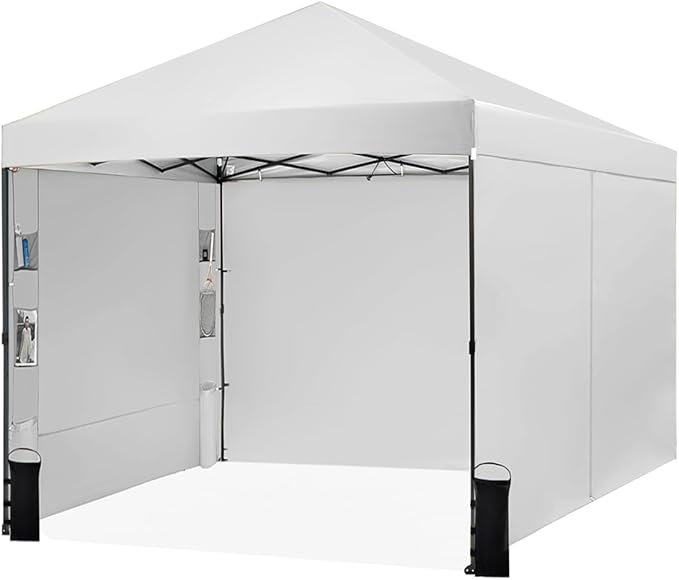 Tunbne 10X10 Comercial Pop Up Canopy Tent with 4 Sidewalls and 6 Pockets, One Push Setup Center Lock, for Beach Patio Outdoor, Case, 8 Stakes, 4 Ropes, 4 Sandbags (Snow White)