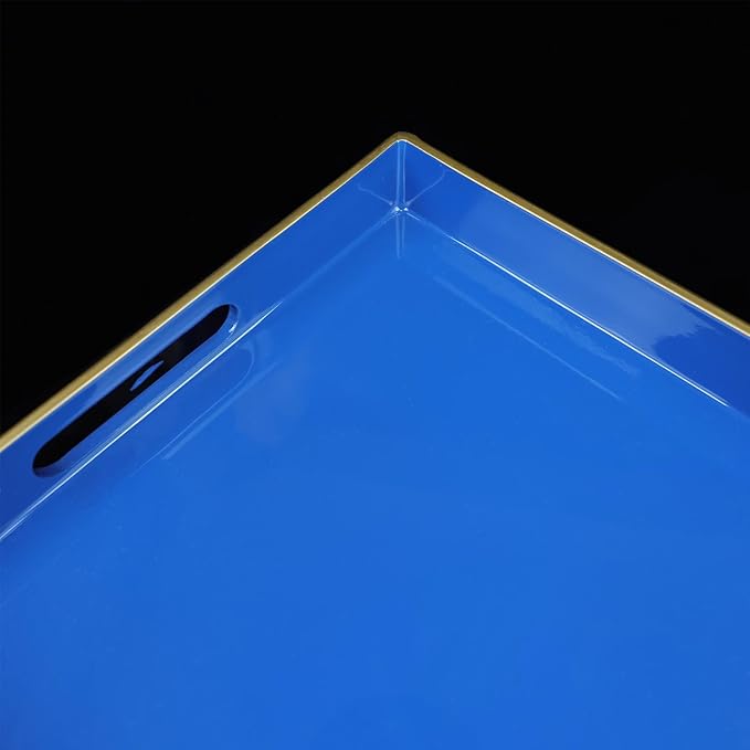 Blue Decorative Coffee Table Tray, Rectangular Plastic Serving Tray with Handles for Living Room, Ottoman, Bathroom, 15.7"*10.2"
