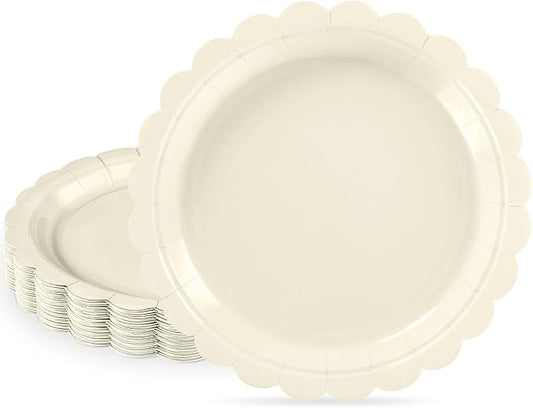 NatNarr 30 Pcs Dessert Plates Disposable, 7 Inch Ivory Paper Plates Scalloped Small Cake Appetizer Birthday Plate Cream Party Plate for Wedding, Baby Bridal Shower