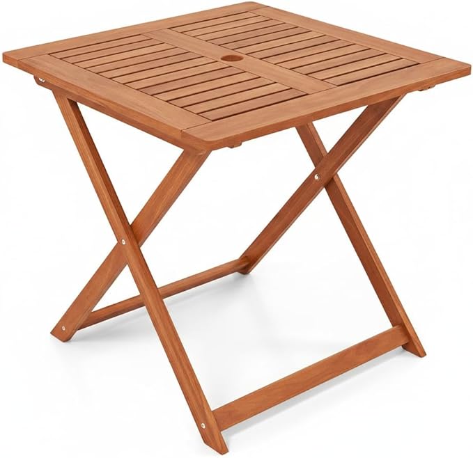 Tangkula 29.5-Inch Square Patio Dining Table, Solid Wood Folding Outdoor Bistro Table with Teak Painting & 2" Umbrella Hole, Outdoor Dining Table for Balcony, Deck, Porch, Backyard