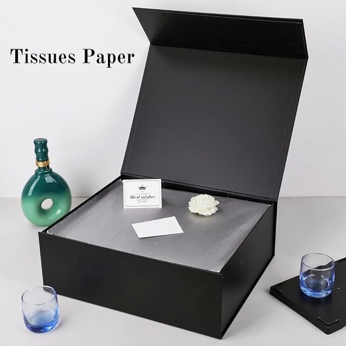UoeRing 2 pack Black Gift Box Large 13.5x11.8x4.7 inch Luxury Gift Box for Presents with Magnetic Closure Lid Collapsible,Contains Card, Ribbon, Tissue Paper,Shredded Paper Filler