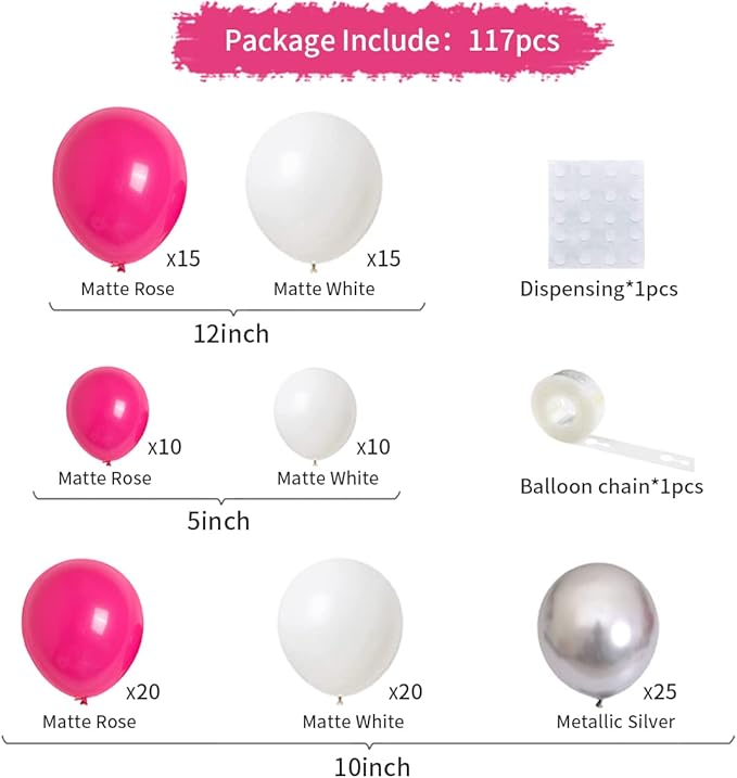 Rose Red, White, Metallic Silver Balloons Set, Hot Pink White Silver Balloon Arch for Birthday Baby Shower Princess Girl Baby Shower Christmas Party Supplies
