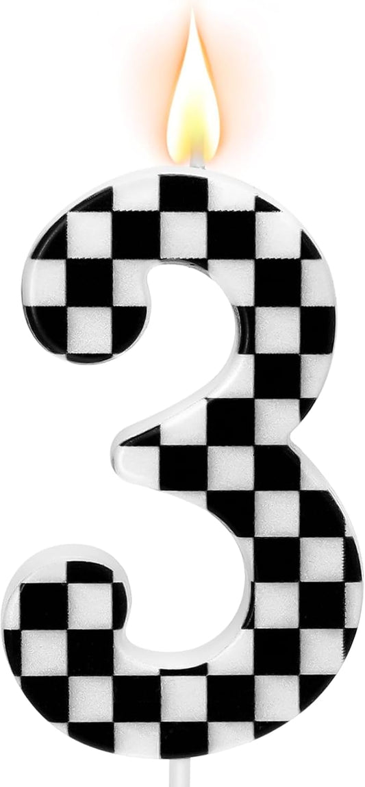 Racing Car Themed Birthday Candles, Number 3 Checkered Candles, Black & White Checkered Cake Topper, Cool Racing Themed Party Supplies, Special Candle