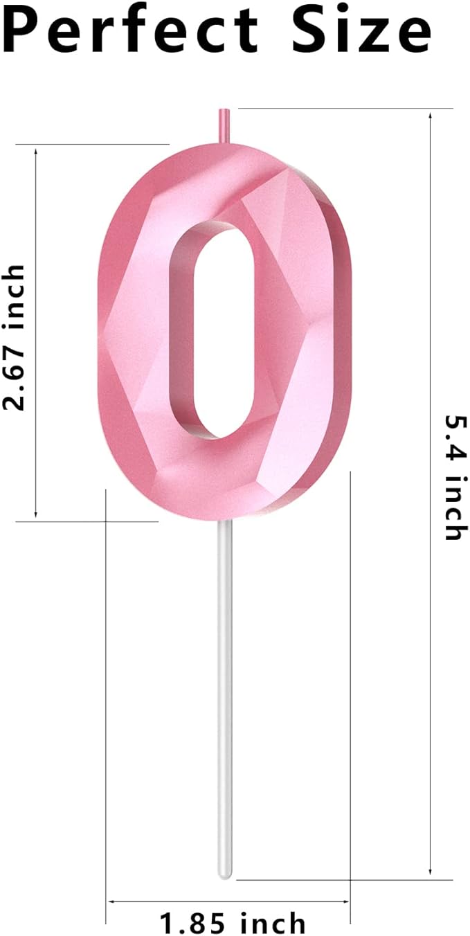 Number Birthday Candles(0 Candle Pink) 3D Diamond Shape 0th Happy Birthday Cake Topper Decorations for Girl Women Birthday Wedding Anniversary Celebration Theme Party Supplies