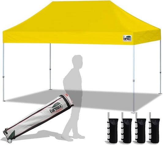 Eurmax USA 10x15ft Pop Up Canopy, Commercial Instant Tent for Outdoor Events, Patented No-Tip Rolling Storage Bag with 4 Sandbags,UV & Water Resistant,Heavy Duty Portable Shelter Gazebo,Yellow
