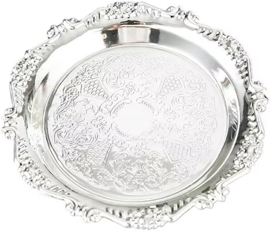 Round Decorative Tray 3.9in Metal Dessert Plates Vintage Coffee Table Tray for Snacks Fruit Silver