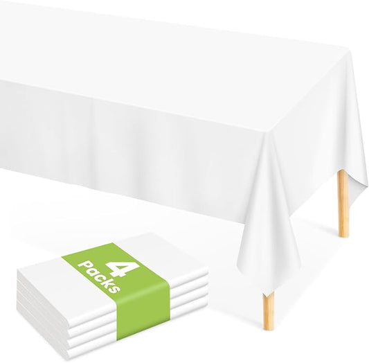 Mulbozy White Plastic Table Cloth Disposable 4 Pack, 54 × 108 Inch Tablecloths Rectangle, White Plastic Table Cover for Party Decor