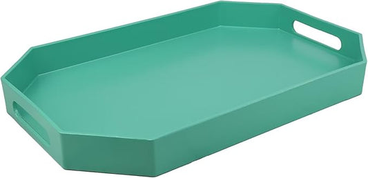 Green Octagonal Serving Tray with Handles for Coffee Table, Plastic Decorative Tray for Ottoman, Kitchen Counter, Living Room, Outdoor Lacquer for Entertaining