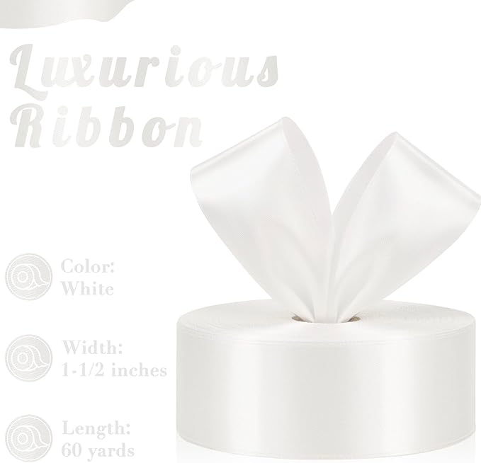 White Satin Ribbon 1-1/2 Inch, 60 Yards White Polyester Fabric Ribbon for Gift Wrapping Flower Bouquet Crafts Wedding Christmas Party