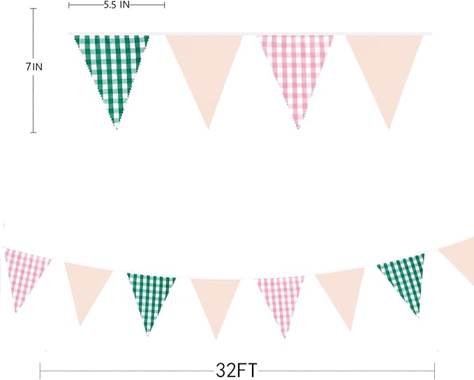 32Ft Pink Green Gingham Camp Bride Banner Green Pink Plaid Checkered Fabric Triangle Flag Pennant Garland Streamers for Camping Bachelorette Glamping Baby Shower Wedding Birthday Party Decorations