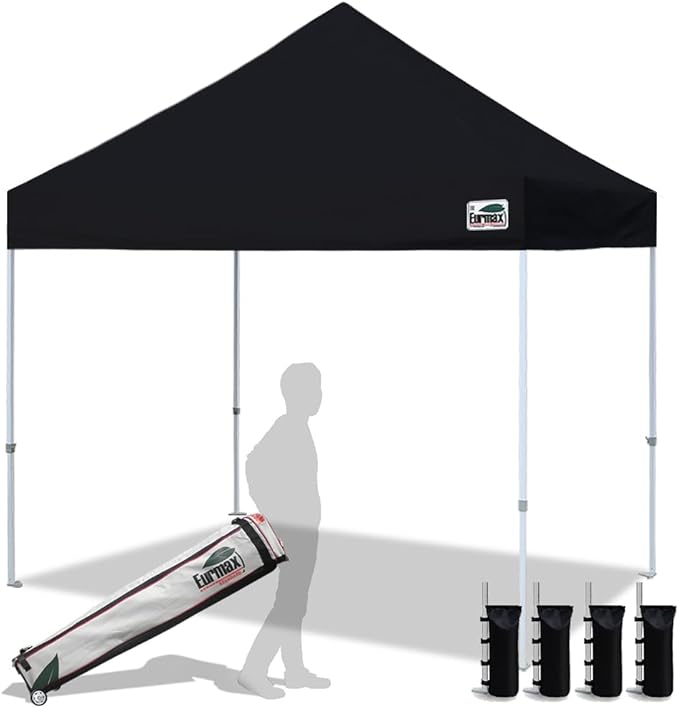 Eurmax USA 8x8ft Pop Up Canopy, Commercial Instant Tent for Outdoor Events, Patented No-Tip Rolling Storage Bag with 4 Sandbags, UV & Water Resistant, Heavy Duty Portable Shelter Gazebo,Black