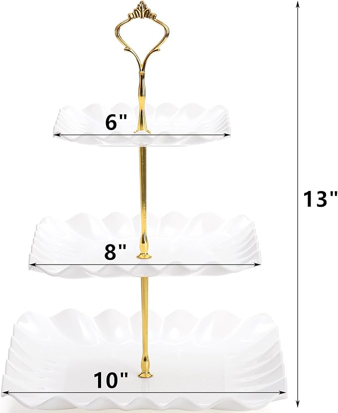 DEAYOU 4 Pack 3 Tier Plastic Cupcake Stand, White Square Dessert Tiered Serving Stand, Cake Pastry Display Tower Tray Platter Holder for Buffet, Cookie, Fruit, Table Decor, Party, Wedding, Birthday