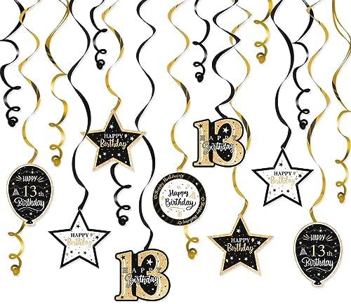 Happy 13th Birthday Black & Gold Glitter Swirls Streamers Party Decorations - 15 Pcs 13th Birthday Hanging Swirls Streamers Kit,Cheers to Thirteen Years Old Bday Party Sign.