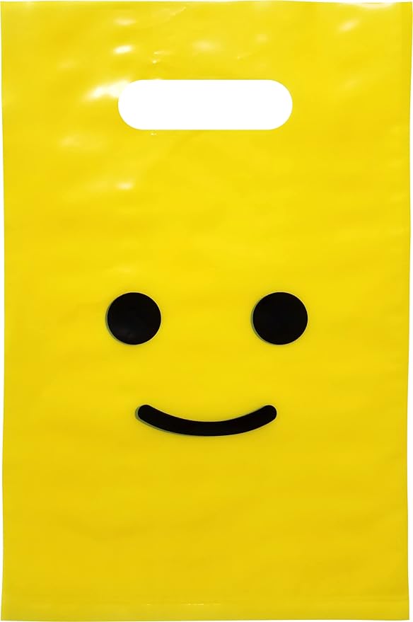 L LIFETIME Smile! Yellow Party Favors Bags Super Strong 24 Pack Loot Birthday Emoji Treat Plastic Bag, 9 x 6 inch - Birthday Gift Bag for Kids Boys and Girls - Plastic Gift Bags with Handles