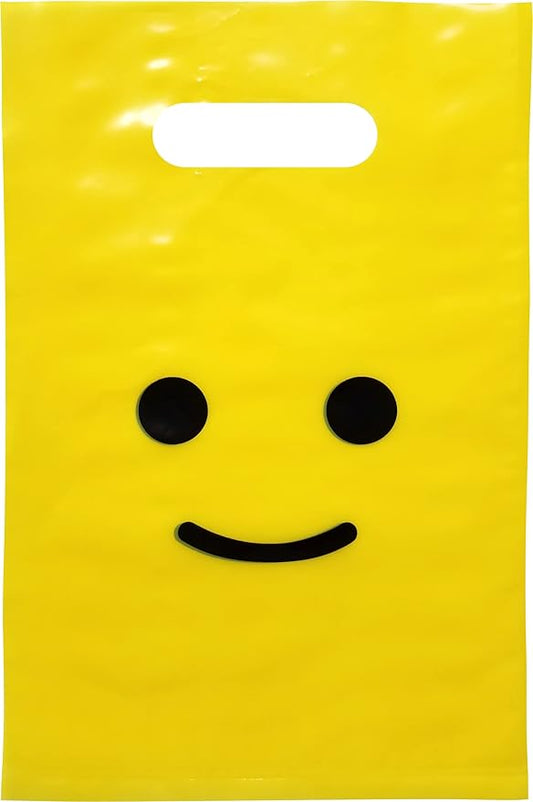 L LIFETIME Smile! Yellow Party Favors Bags Super Strong 24 Pack Loot Birthday Emoji Treat Plastic Bag, 9 x 6 inch - Birthday Gift Bag for Kids Boys and Girls - Plastic Gift Bags with Handles