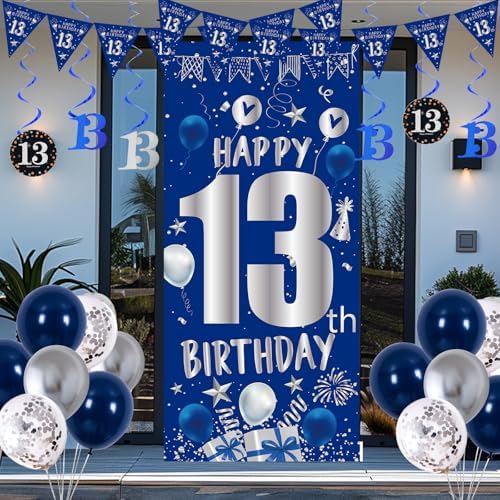 13th Birthday Decorations for Boys Girls, Blue Silver 13th Party Decor Set