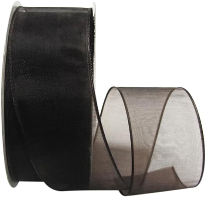 Ribbon Bazaar Sheer Organza Wired Ribbon - Wire Edged Ribbon for Floral Decor, Table Arrangements, Apparel Embellishment & More - 1-1/2" Brown 25yd Spool