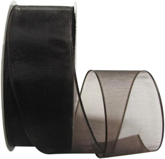 Ribbon Bazaar Sheer Organza Wired Ribbon - Wire Edged Ribbon for Floral Decor, Table Arrangements, Apparel Embellishment & More - 1-1/2" Brown 25yd Spool