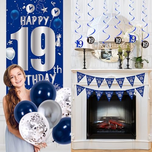 19th Birthday Decorations for Boys Men, Blue 19 Year Old Party Supplies