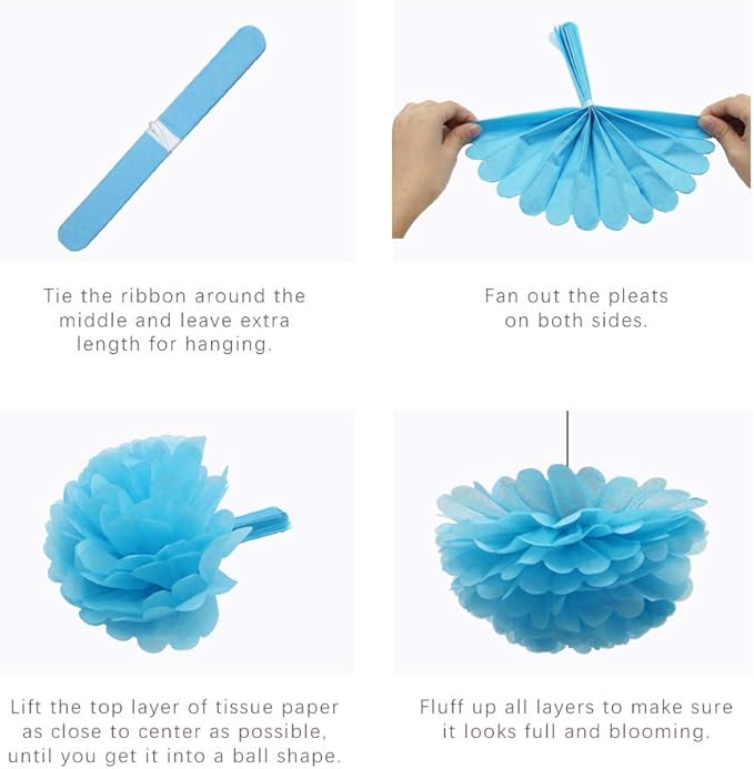 Blue Party Decorations Hanging Paper Fans Pom Poms Flowers Tissue Tassel Garland for Elephant Shark Theme Kids Birthday Baby Shower Graduation