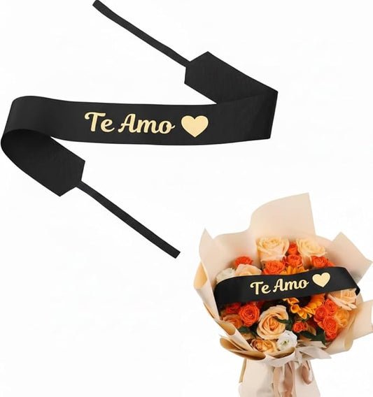 Set of 12 Bouquet Banner Grosgrain Ribbon Tie Wrap Printed Sash Florist Bulk Supply for Floral Arrangements (Black - TE AMO)