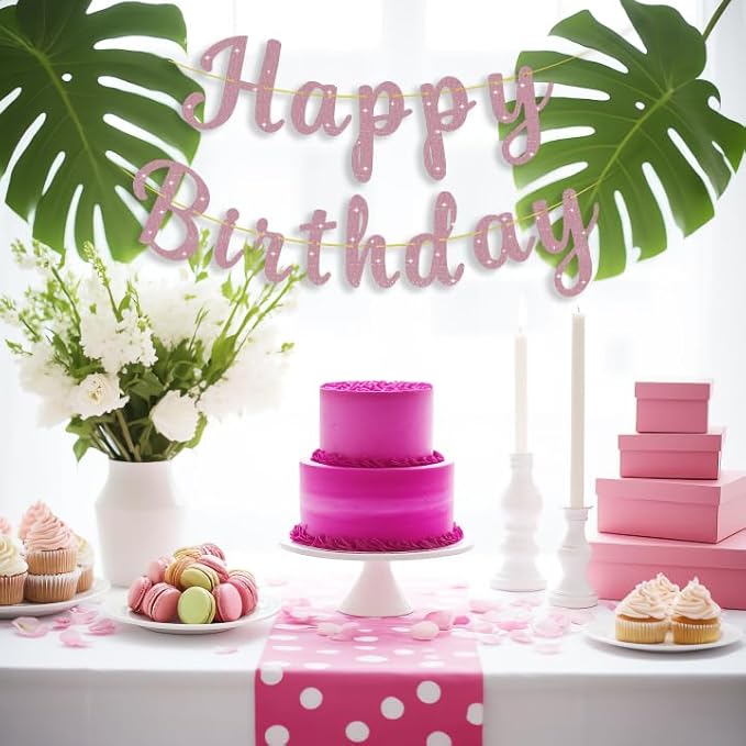 Pre-Strung Glitter Happy Birthday Banner Signs Birthday Garlands Banners Flag for Women Men Party Backdrop Decorations Pink