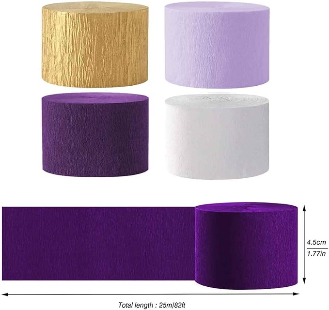 AIM & GGKK Purple Gold and White Party Crepe Paper Streamers 1.8 Inch Widening 8 Rolls Party Streamer Festival Party Decorations,a roll of 25m/82ft Per Volume for Purple Gold Party