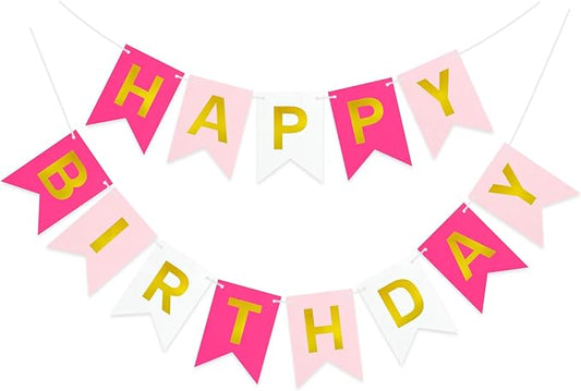 Pre-Strung Pink Happy Birthday Banner Sign, Pink Happy Birthday Party Decorations for Women Girls