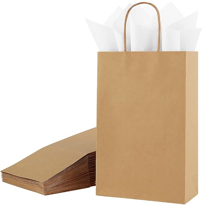 SUNCOLOR 24-Pack Brown Kraft Paper Gift Bags with Handles, 7.9x5.12x3.15 Inches, Small Paper Bags Includes Tissue Paper for Parties, Weddings, Shopping
