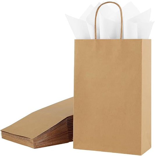 SUNCOLOR 24-Pack Brown Kraft Paper Gift Bags with Handles, 7.9x5.12x3.15 Inches, Small Paper Bags Includes Tissue Paper for Parties, Weddings, Shopping