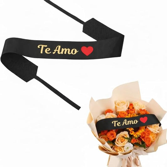 Set of 12 Bouquet Banner Grosgrain Ribbon Tie Wrap Printed Sash Florist Bulk Supply for Floral Arrangements (Black/RED Heart - TE AMO)