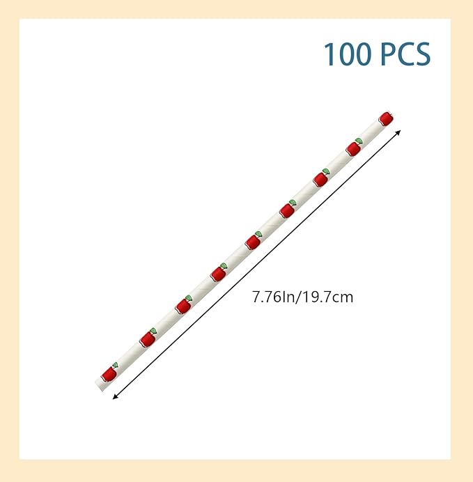 100 Pcs Disposable Straws, Biodegradable Paper Straws for Juices, Shakes, Smoothies, Party Supplies (ApplePattern)
