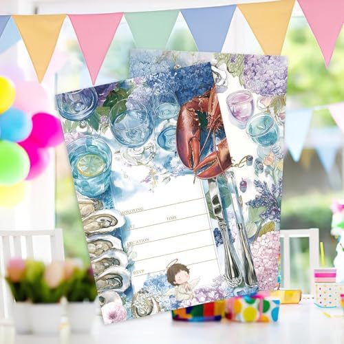 AEHIE 20 Sets Coastal Beach Seafood Boil Party Invitations With Envelopes, Coastal Ocean Floral Party Invitations Invite Cards for Women Men Ladies Girls Adults