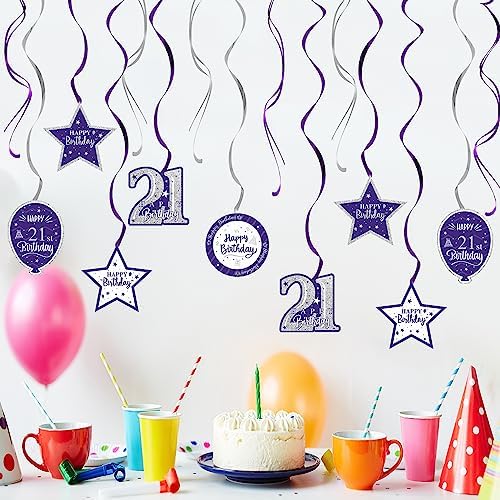 Happy 21st Birthday Purple & Silver Glitter Swirls Streamers Party Decorations - 15 Pcs 21st Birthday Hanging Swirls Streamers Kit,Perfect for 21st Bday Party Sign.