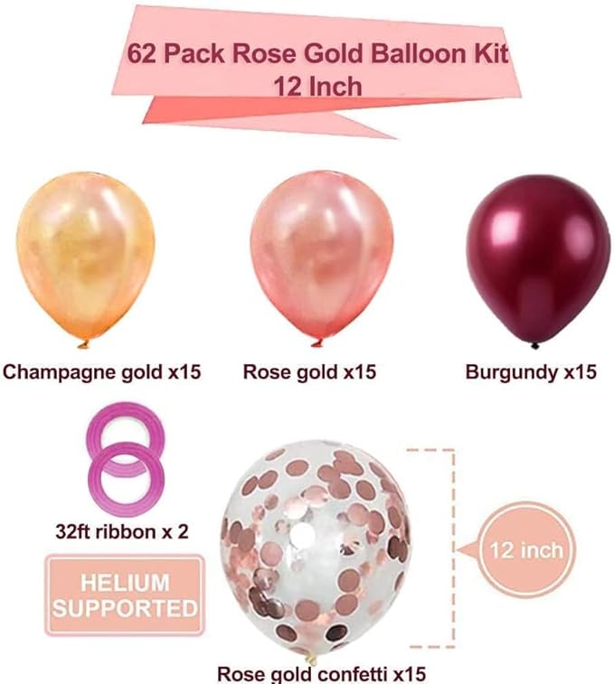 OuMuaMua Rose Gold Balloons Burgundy Balloons Kit, 62Pcs Burgundy Rose Gold Confetti Latex Mother's Day Balloons for Women Girl Baby Shower Wedding Birthday Mother's Day Party Decorations, 12 Inch