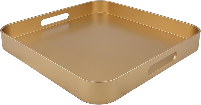Gold Square Decorative Tray with Handles, 13"*13" Versatile Serving Tray for Coffee Table, Ottoman, Ideal for Serving, Displaying, Organizing