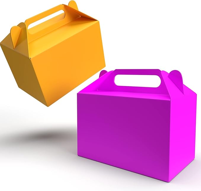 The Dreidel Company Gable Treat Boxes, Party Favor Boxes for Kids Birthday, Candy Boxes Party Favors, Weddings Events, Baby Shower, 6.25" x 3.5" x 3.5" Inch Box (Multi-Color Treat Box) (96-Pack)