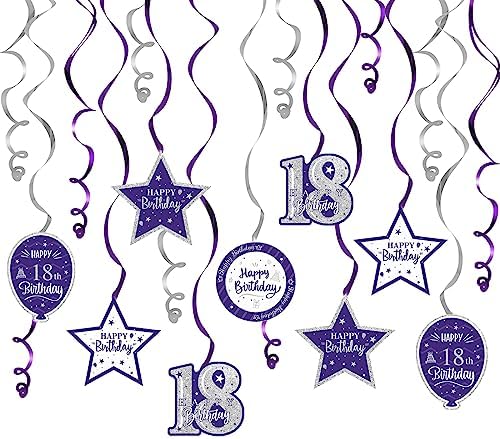 Happy 18th Birthday Purple & Silver Glitter Swirls Streamers Party Decorations - 15 Pcs 18th Birthday Hanging Swirls Streamers Kit,Cheers to Eighteen Years Old Bday Party Sign.