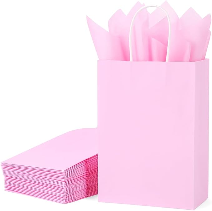 SUNCOLOR 24-Pack Pink Gift Bags with Handles, Small Kraft Paper Goodie Bags, Includes Tissue Paper for Baby Showers, Birthdays, Bridal Showers, 7.9x5.12x3.15 Inches