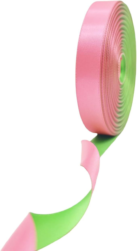 5/8 Ribbon, Pink & Green Flash Two-Tone Double Faced Satin Ribbon for Gift Wrapping, Flower Bouquet, Bow, Hair, Wedding, DIY Crafts, Holiday Party Decorations, 30 Yards Total