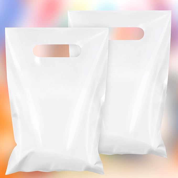 Hxezoc 50 Pieces White Gift Bags with Handle, Plastic Treat Candy Jewelry Bag White Party Favor Bag for Baby Shower Birthday Party Decoration Supplies