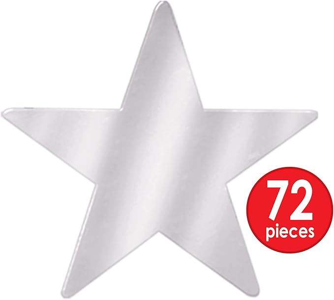 Beistle 72 Piece Silver Star Paper Cut Outs For Bulletin Board Classroom Birthday Party Wall Decorations, 5”